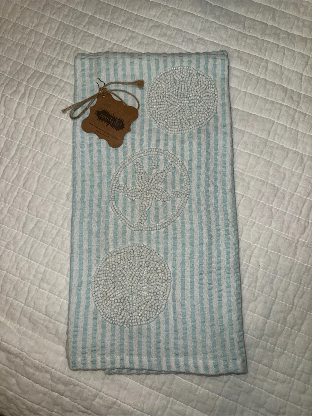 Mudpie Beaded Blue Stripe Sand Dollar Embroidered Hand Towel